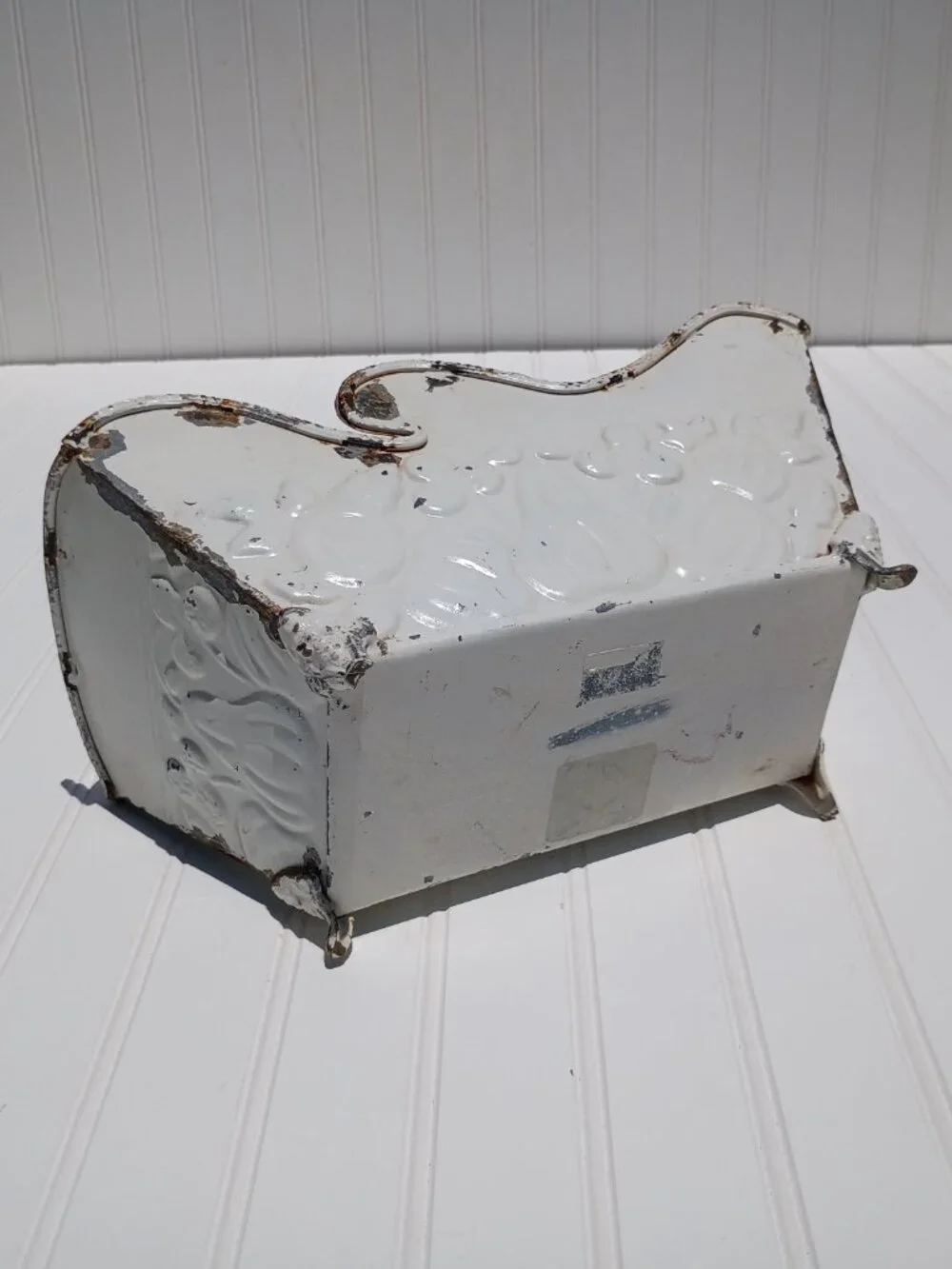 Vintage Metal Planter White Distressed Farmhouse Fruit Embossed Footed Cottage